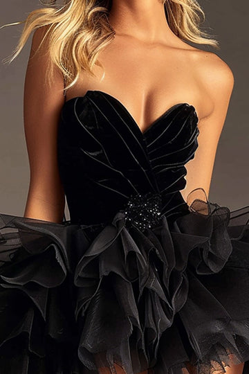 Strapless Ruffled Tulle A Line Black Homecoming Dress